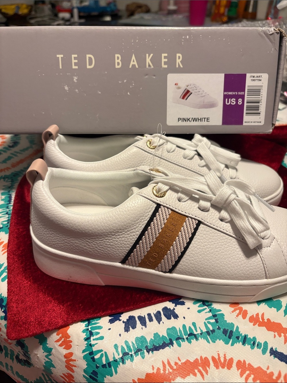 Ted Baker White Sneakers with Pink & copper Stripes new with box tags size 8